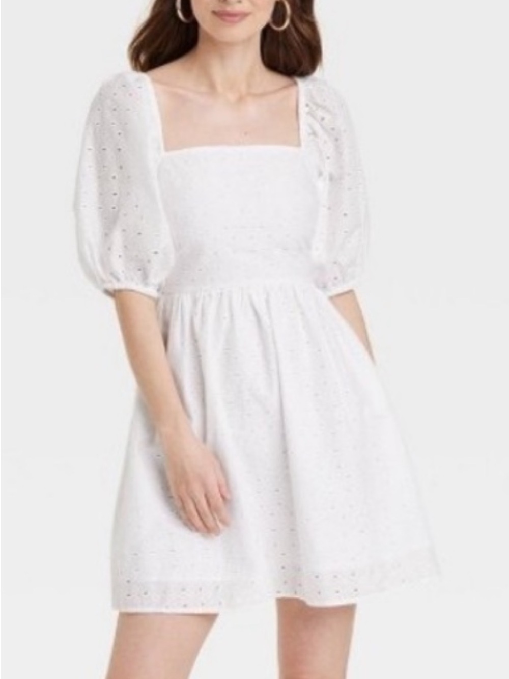 a new day White Eyelet Dress with Square Neck and Smocked Back medium